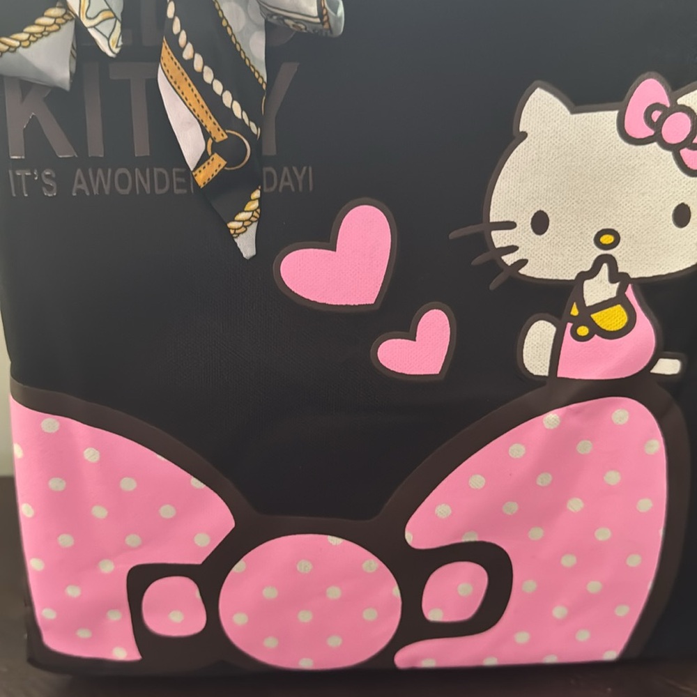 Hello Kitty For Emma Lg Canvas Shoulder Bag Tote Bag W/2 Satin Bows NWT - Picture 7 of 13